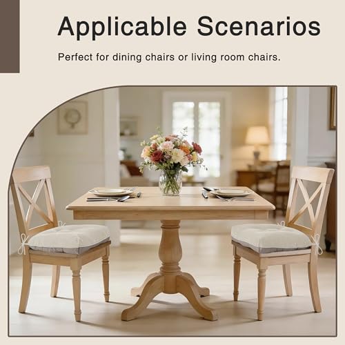OVOV Dining Chair Cushions Set of 2 Soft Non-Slip Kitchen Chair Pads Tufted Seat Cushion with Ties for Kitchen Dining Room(18" x 16.5" x 3" Beige) - color: Beige