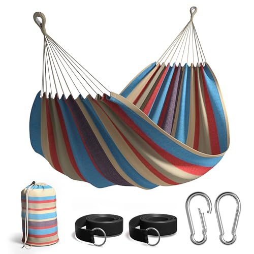 Sorbus® Brazilian Double Hammock - Extra-Long Two Person Portable Hammock Bed for Indoor or Outdoor Spaces - Hanging Rope, Carrying Pouch Included (Blue/Sand/Purple/Red Stripes) - color: Blue/Sand/Purple/Red Stripes