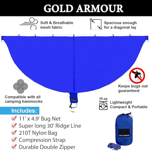 Gold Armour Camping Hammock with Bug Net - XL Double Hammock Portable Hammock Camping Accessories Gear Mosquito Bug Net Set for Outdoor Indoor, USA Based Brand (Blue & Gray)