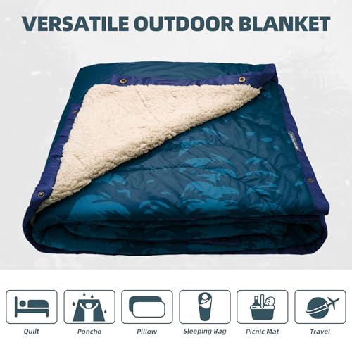 Outdoor Camping Blanket - Puffy Camping Blanket Packable,Sherpa Fleece Warm Blanket for Camping, Outdoors, Travel, Stadium, Festivals, Beach, Hammock 56"x 78" Machine Washable, DWR, Lightweight - color: Blue Mountain, size: 78 x 56 inches