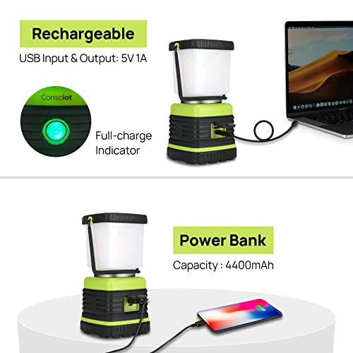 LED Camping Lantern Rechargeable, Consciot Camping Lights, 1000LM, 4 Light Modes, 4400mAh Power Bank, IPX4 Waterproof Tent Lights, Dimmable Flashlight for Emergency, Power Outages, USB Cable Included - size: 1000 Lumens - 1