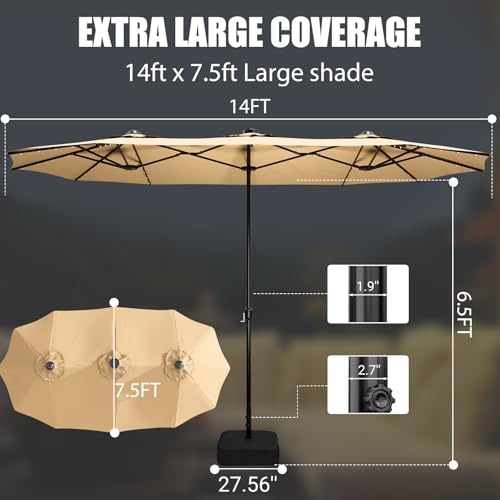 LEVELEVE 15FT Double-Sided Patio Umbrella with Base Included, Large Outdoor Rectangular Market Umbrella for Backyard, Poolside, Lawn & Garden, Khaki - color: Khaki, size: 15FT