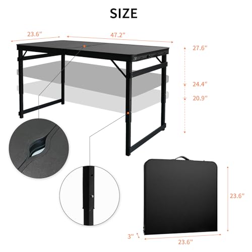 4FT x 2FT Folding Camping Table Adjustable Height with Umbrella Hole, Aluminum Alloy Legs Foldable Portable Outdoor Table for Picnic, Travel, Parties, Kids Craft, Market Vendor Use - size: 4 ft x 2 ft × 2.3 ft with Umbrella Hole H