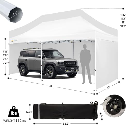 CROWN SHADES 10x20 Pop Up Canopy Tent, Thicken Frame Commercial Heavy Duty Tent, 4 Sidewalls 8 Stakes & 4 Sandbags & 4 Ropes, Outdoor Canopies for Events, Parties,White - color: White, size: 10x20 Heavy Duty