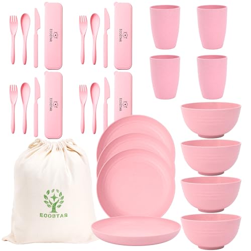 ECOSTAR Wheat Straw Dinnerware Sets Unbreakable Plates Bowls and Cups Reusable Utensils Dishwasher Microwave Safe Bowls and Plates Sets (Pink) - color: Pink