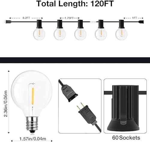 GPATIO 120FT Outdoor String Lights, Waterproof Patio Lights with 64 Hanging Lights Globe G40 Bulbs, 2700k Shatterproof for Backyard Outside Decor - size: 120ft