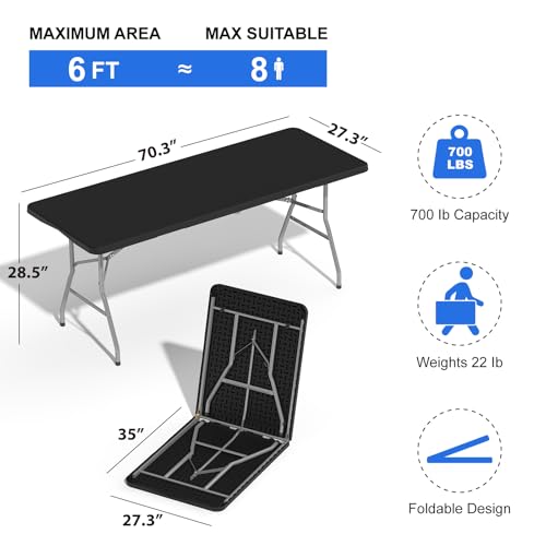 4 Pack Folding Stools with Foldable Table 6ft, Heavy Duty Dining Table and Chairs with Lock Function & Carrying Handle, Portable Indoor/Outdoor Furniture Set for Camping, Picnic, Party Black - color: Black, size: Pack of 4+6Ft Table
