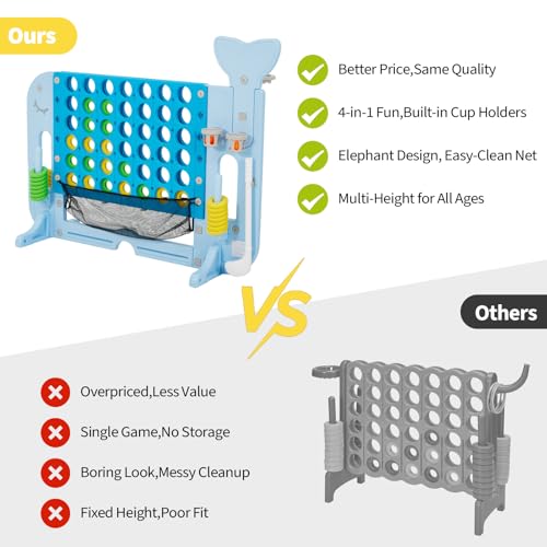 Jumbo 4-to-Score Connect Outdoor Game, 4-Levels Height Adjustable Giant 4-in-a-Row Yard Games with Mesh Net, 4-in-1 Play Design w/Golf, Basketball & Ring Toss for Kids & Adults, Patent Authorized