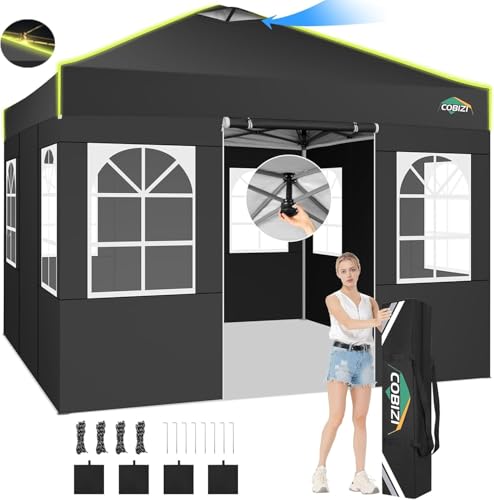 COBIZI 10x10 Pop Up Canopy Tent, Outdoor Party Tent with 4 Sidewall One Push Setup Glow, 3 Adjustable Height Air Vent Waterproof UPF50+, Bag, 4 Sandbag, 8 Stake, 4 Rope for Beach, Commercial - color: Black, size: 10x10 With 4 Sidewalls