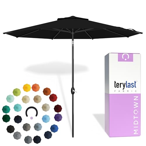 Midtown Umbrellas - 10-Year-No-Fade 6 Ft Patio Umbrella with Terylast Fabric, Auto-Tilt Aluminum Frame and 8 Reinforced Ribs for Deck, Pool, Garden & Beach - Ebony Black Canopy, Black Pole - color: Terylast Fabric - Ebony, size: 6 Foot