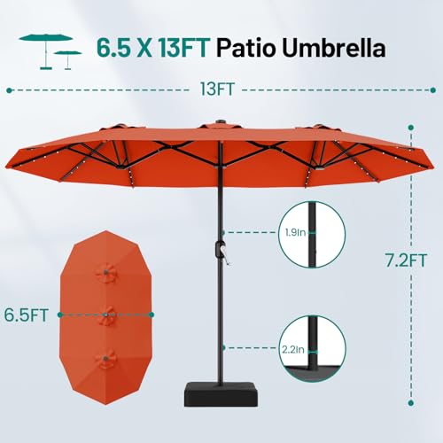 AreShark 13 FT Patio Umbrella with Solar Lights, Double-Sided Outdoor Table Umbrellas with Crank, Large Rectangular Market Umbrella for Porch, Lawn, Pool, Backyard, Orange - color: Orange, size: 6.5x13 Ft