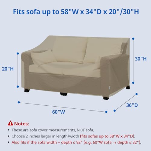 SunPatio Outdoor Sofa Cover 60 Inch, Heavy Duty Waterproof Patio Loveseat Cover 2-Seater, All Weather Protection Outdoor Couch Protector for Patio Furniture, 60" W x 36" D x 30" H, Taupe - size: 60" W x 36" D x 30" H