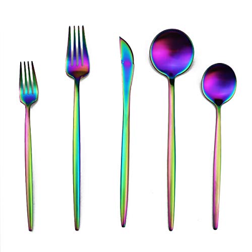 Matte Rainbow Silverware, Gugrida 5-Piece 18/10 Stainless Steel Flatware Set, Satin Finish Kitchen Utensils, Tableware Travel Cutlery for Camping, Office or School Lunch, Dishwasher Safe - color: Rainbow, size: Service for 1