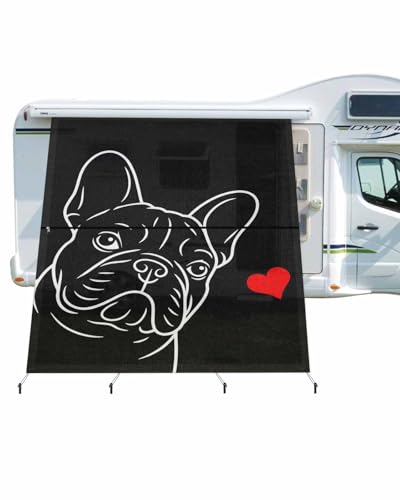 RV Awning Sun Shade Screen 9'X7' French Bulldog Mesh Sunscreen Cute Dog Love Heart Awning Shade Screen with Zipper UV Blocker Completed Kits Universal Outdoor Canopy for RV Motorhome Camper Trailer - size: 9x7 ft