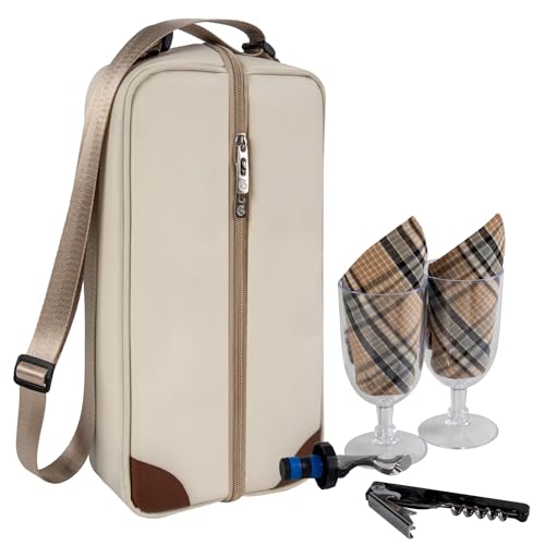 ALLCAMP Wine Tote Bag with Cooler Compartment，Picnic Set Carrying Two Sets of Tableware（Cream-Colored） - color: Cream-Colored, size: 1 Bottle