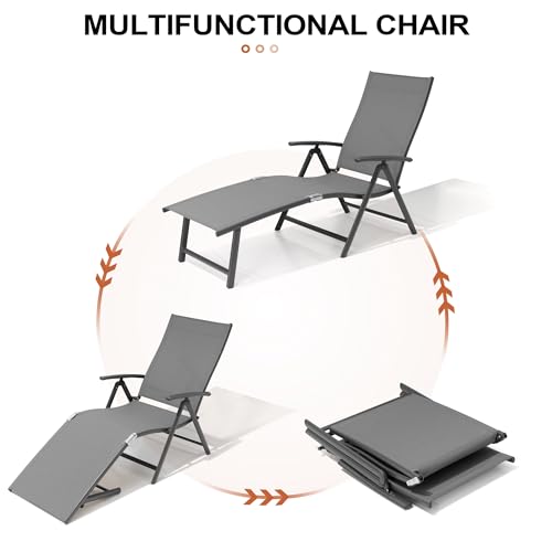 Crestlive Products 2PCS Chaise Lounge Chair Outdoor with 1PC Side Table, Aluminum Folding Patio Recliner Chair, Adjustable 8 Positions Assemble-Free - color: Grey, size: 3 Pcs