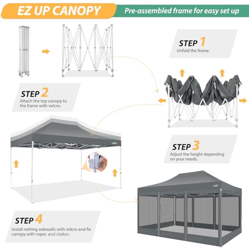 COBIZI 10x15 Heavy Duty Pop up Canopy with 4 Sidewalls, Canopy Tent with Mosquito Netting, Easy up Screen Party Tents for Parties Wedding Patio Backyard Commercial Gazebo with Handbag, Gray - color: Gray, size: 10x15ft(standard)