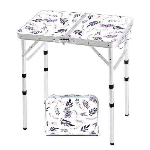Yriuat Folding Camping Table 2ft Portable Pinic Table Adjustable Height Small Card Table Aluminum Foldable Lightweight with Carry Handle for Outdoor Indoor Hiking Camp BBQ Beach (Misty Lilac) - color: Misty Lilac, size: 24"l X 16"w X 24"h