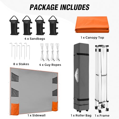 EAGLE PEAK Commercial Canopy 10x10 with Sidewall Storage, Easy OnePerson Setup Pop Up Canopy Tent with Roller Bag, Stakes, Ropes, and Weight Bags, Orange - color: Orange