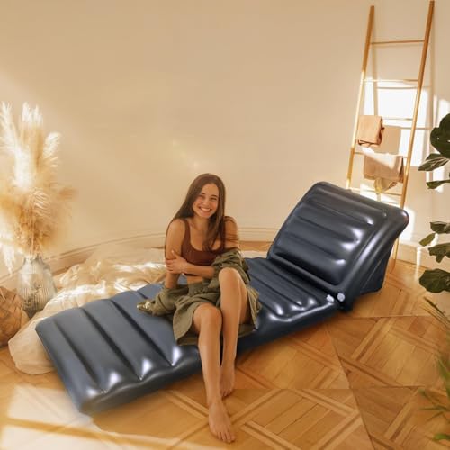 Inflatable Lounge Chair Recliner - Heavy-Duty Air Sofa Bed with Adjustable Backrest, Portable Indoor Outdoor Lawn Chair for Patio, Beach, Camping, Backyard (220cm/86.6in, Black) - color: Dark Grey