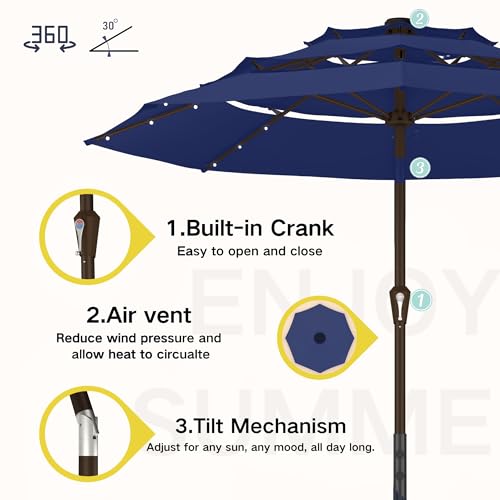 Kingdura 9ft 3-Tier Patio Umbrella with Solar Lights, Table Umbrella Outdoor Patio with Easy Crank & Tilt, 8 Sturdy Ribs, UV Protection, 32 LED Lights for Deck, Poolside, Market (Navy blue) - color: Blue-LED, size: 9 FT