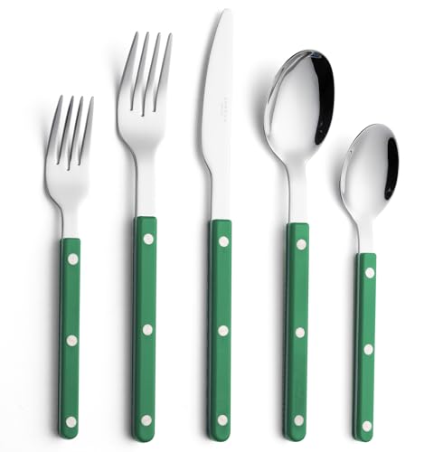 ANNOVA Silverware Set, Retro/Rivet Colorful Stainless Steel Tableware Kitchen Flatware Set Utensils, Includes Dinner Knives, Forks, Spoons, Salad Forks & Dessert Spoons (Green, 10 Pieces) - color: Green