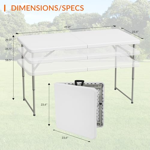 Elevon 4 Feet Heavy Duty Folding Table with Adjustable Height, Fold-in-Half Portable Table for Indoor Outdoor Use - Camping, Picnic, Party, Wedding, Dining, Utility Table - size: 4 feet, style: Without Chair