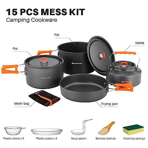 Odoland 15pcs Camping Cookware Non-Stick Lightweight Camping Pots and Pans Set with Kettle Plastic Plates Bowls Soup Spoon for Camping, Backpacking, Outdoor Cooking and Picnic - style: 15pcs W/ Kettle