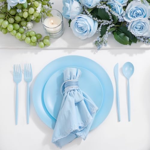 ejonirinjonir EI 150pcs Blue Plastic Plates Disposable Light Blue Baby Shower Plates Heavy Duty Dinnerware Set Plastic Silverware for Party,Wedding,Easter,Spring Afternoon Tea - color: Baby Blue Frosted Plastic Plates