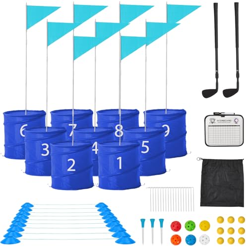 Bucket Yard Golf Game with Clubs 9 Hole Set Portable Low Tide Golf Game for Beach Backyard Lawn with 2 Golf Outdoor Indoor Golf Chipping Games for Adults Family Club Party (Blue, 9 Bucket) - color: Blue, size: 9 Bucket
