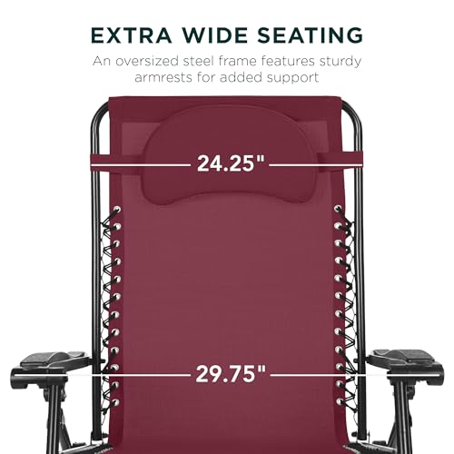 Best Choice Products Oversized Zero Gravity Chair, Folding Outdoor Patio Lounge Recliner w/Cup Holder Accessory Tray, Pillow - Burgundy - color: Burgundy