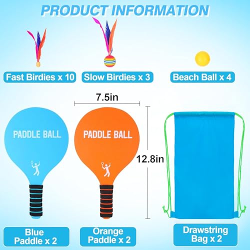 2 Sets Beach Games Toy Paddle Ball Set - Funny Paddleball Rackets Game, Outdoor Sports Toys for Kids Adults Family Games Yard Lawn Party Supplies, Blue Orange, Medium - color: Blue, Orange, size: Medium
