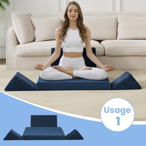Meditation Cushion Set, Meditation Pillow for Sitting on Floor, Large Yoga Pillow with Knee Support, Washable Zafu Meditation Mat, 3 Shapes Floor Pillow for Adults, Navy Blue - color: Navy Blue