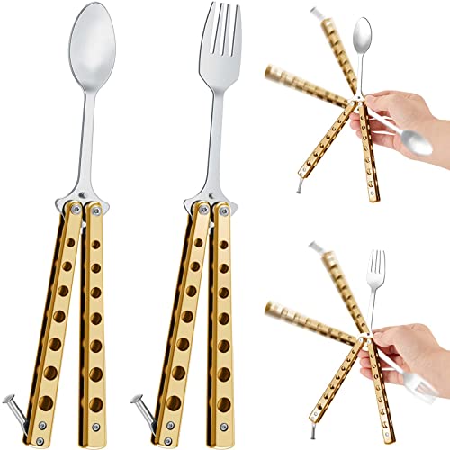 Flutesan 2 Pcs Butterfly Fork and Spoon Set, Folding Stainless Steel Fork Tactical Butterfly Spoon for Travel BBQ Kitchen Camping Hunting(Gold) - color: Gold