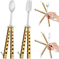 Flutesan 2 Pcs Butterfly Fork and Spoon Set, Folding Stainless Steel Fork Tactical Butterfly Spoon for Travel BBQ Kitchen Camping Hunting(Gold) - color: Gold