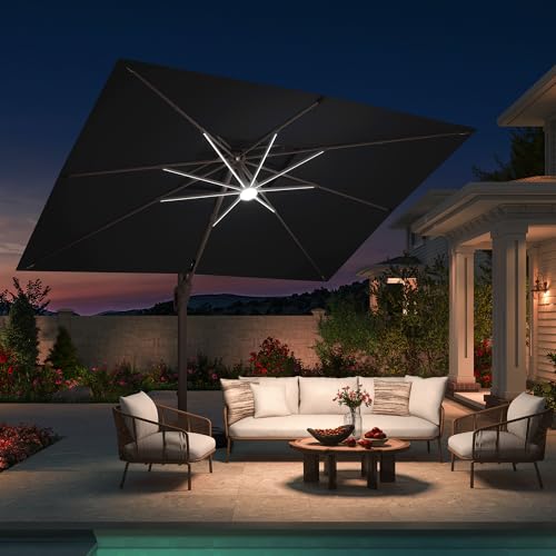 10 X 13 FT Cantilever Patio Umbrella with Led Lights Outdoor Rectangle Offset Large Double Top Heavy Duty Umbrellas with 360°Rotation for Pool Deck Backyard Garden, Black - color: Black, size: 10×13 Ft Without Base