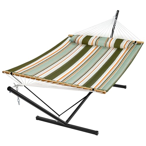 SUPERJARE Hammock with Stand, 2 Person Quilted Outdoor Hammock, Detachable Pillow & Bamboo Spreaders, Portable Hammock with Carrying Bag, Heavy Duty Stand, Perfect for Outside, Patio, Retro Green - color: Retro Green, size: 55.1"W × 74.8''D × 43.3''H