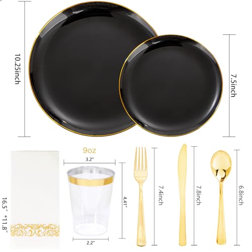 Supernal 350pcs Black & Gold Plastic Dinnerware Set, Elegant Black Plates with Golden Edges, Gold Plastic Silverware, Durable Tableware Perfect for Birthdays, Parties, Wedding, Celebration - color: 350pcs Black Plastic Plates with Gold Rim