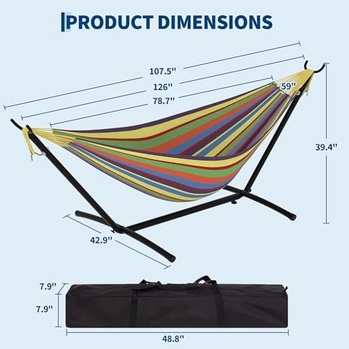 Double Hammocks with Stand for Outside, Portable Space Saving Heavy-Duty Steel Stand for Indoor Outdoor Patio with Carrying Bag, 450 lbs Capacity (Rainbow Stripes) - color: Yellow Rainbow Stripes