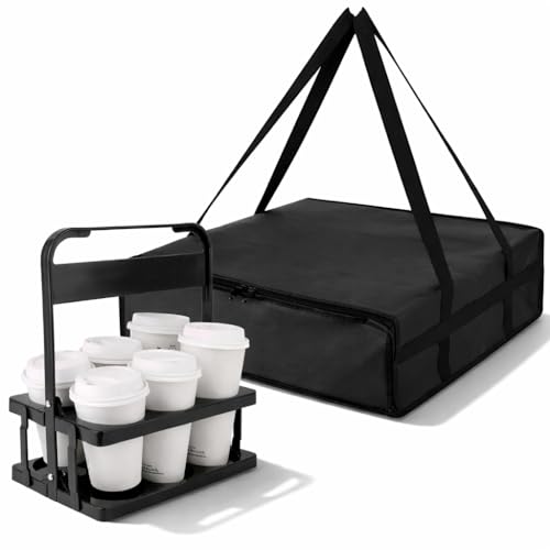 Bodaon Insulated Pizza Bags for Delivery & Plastic Portable Drink Carrier, 20" x 20" x 6" Thermal Food Carrier for Hot and Cold Food, Large Warming Bag for Catering and Delivery, 1-Pack - color: Black Bag with Drink Carrier, size: 20" x 20" x 6"