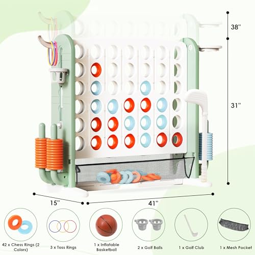 Wdmiya Giant 4 Outdoor Game Set, 4-in-1 Height Adjustable Jumbo 4-in-a-Row Game with Ring Toss, Basketball Hoop & Golf, Backyard Games for Kids & Adults, Includes Mesh Pocket (Upgrade Green) - color: Upgrade Green