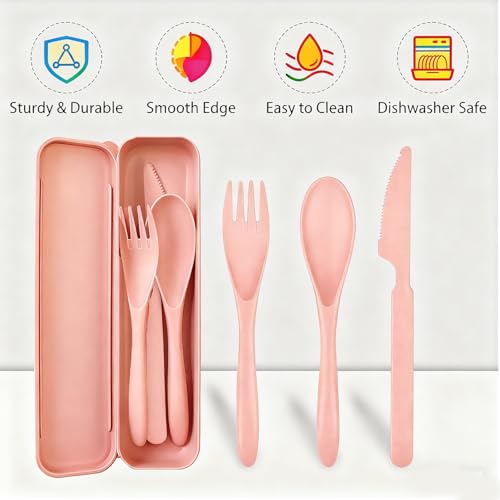 Travel Utensils Set - Reusable 5 Sets Wheat Straw Plastic Cutlery with Case, Portable Forks Spoons and Knives Set, Eco-Friendly BPA Free for Daily Use (5 Pink) - color: 5 Pink