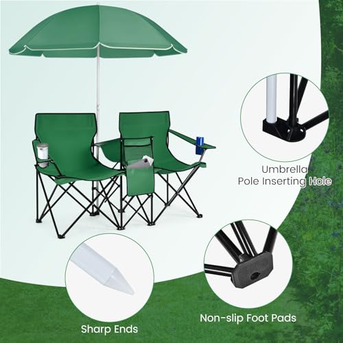 COSTWAY Double Portable Picnic Chairs, Folding Camping Chairs w/Detachable Umbrella, Cooler Bag, Cup Holders, Patio Beach Camping Chairs for Outdoors, Green - color: Green