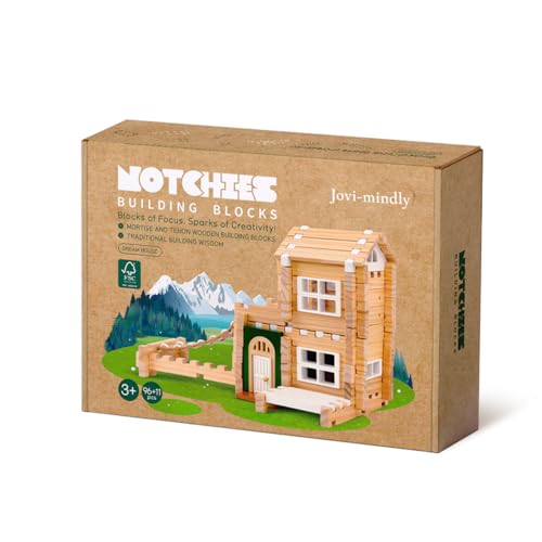 Jovi-mindly＆Notchies 107 Pcs Wooden Blocks Toys with Door and Windows,Classic Old Fashioned Toys,Wooden Building Blocks for Kids Ages 4-8 Boys and Girls,Birthday Toys Gifts - style: Dream House