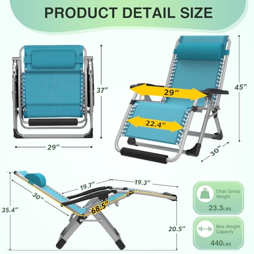 Suteck Oversized Zero Gravity Chair,29In XL Lounge Chair w/Removable Cushion&Headrest, Folding Patio Chair w/Upgraded Lock and Footrest, Reclining Patio Chairs Recliner for Indoor Outdoor - color: Light Blue, style: 29Inch