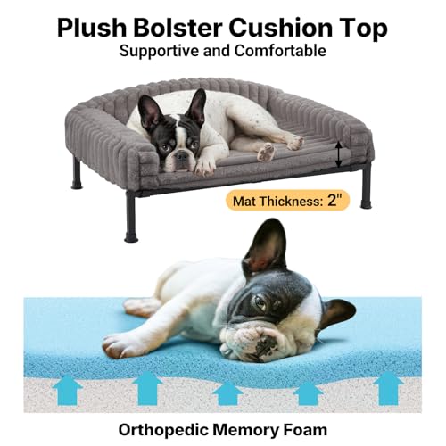 Veehoo Elevated Dog Bed with Bolster Cushion, Fluffy Plush Dog Couch Beds for Small Dogs, Cats, Washable Raised Pet Cot with Non-Slip Feet for Indoor or Patios Use, 24 x 18 Inches, Grey - color: Grey, size: 24.0"l X 18.0"w X 8.3"th