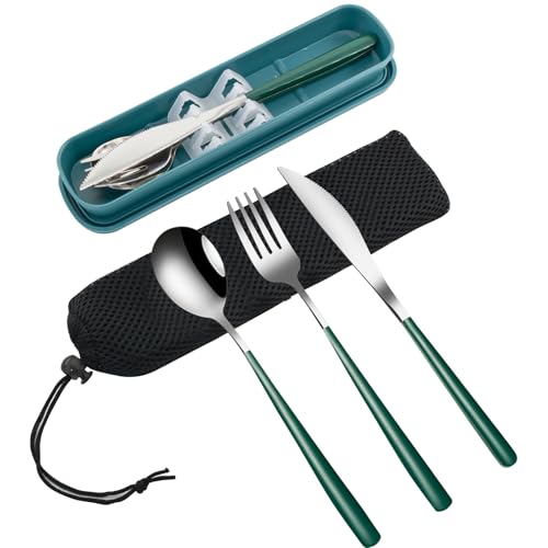 VANRA 3-Piece Portable Travel Utensils Set with Case 18/8 Stainless Steel Flatware Set Reusable Cutlery Set with Fork Spoon Knife for Lunch Travel Camping School Work Picnic (Deep Green) - color: Deep Green, size: Fork Spoon Knife