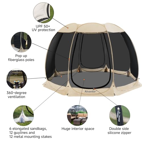 Alvantor® Screen House Room Camping Tent Outdoor Canopy Pop Up Sun Shade Shelter 8 Mesh Walls Not Waterproof Beige 12'x12' Patent Pending - color: Beige, size: 12'x12'