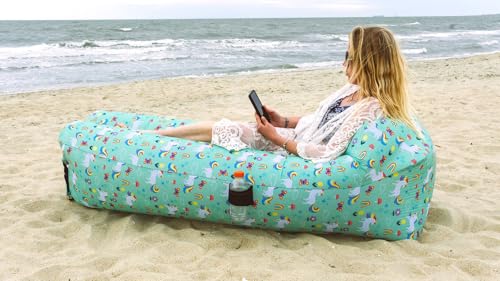 Inflatable Lounger with No-Pump Setup, Floating Portable Air Chair, Ripstop Polyester, Stability Peg for Beach, Camping, Festivals, Tailgating (Unicorn) - style: Unicorn