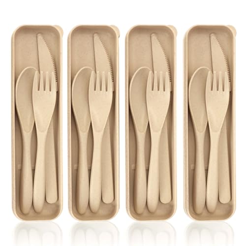 4 Pack Travel Utensil Set with Case, Reusable Spoon Knife Forks Tableware, Portable Cutlery for Adult Travel Picnic Camping or Birthday, Anniversary Use (Beige)